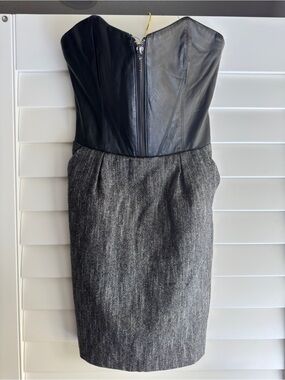 bebe Strapless Black Leather & Gray Herringbone Sheath